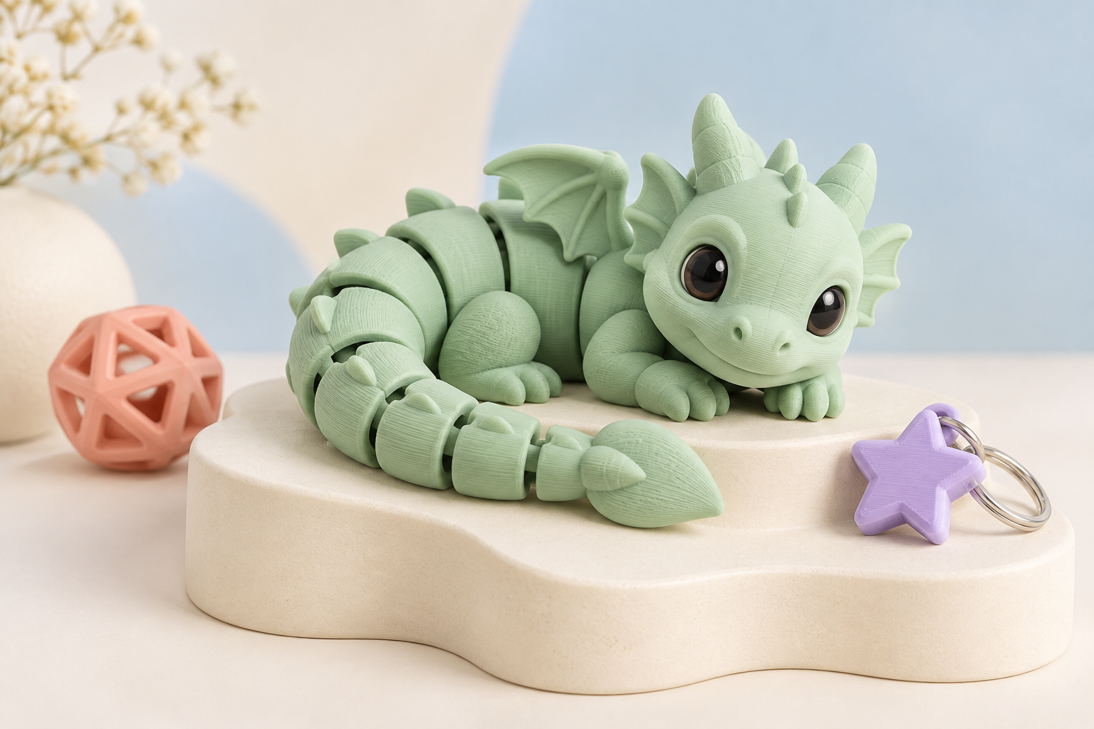 Concepto de dragón articulado verde menta impreso en 3D junto a un llavero estrella